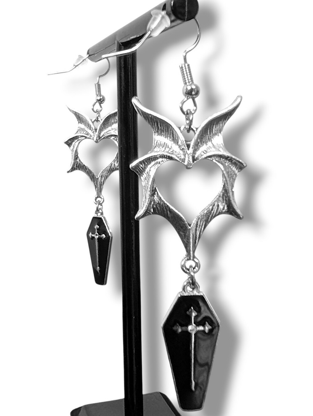 NWT Handmade Silver Bat Wing Earrings with Dangly Black Coffin
